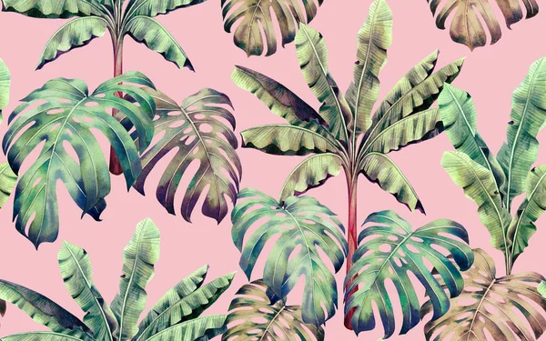Aquarel Schilderen Kleurrijke Boom Palm Monstera Bladeren Naadloos Patroon Achtergrond — Stockfoto