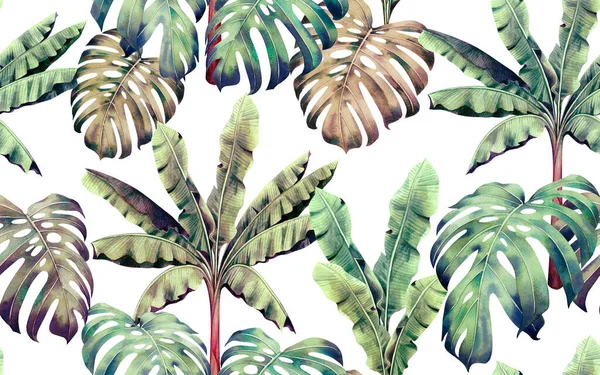 水彩画色彩斑斓的棕榈树 紫锥叶无缝图案背景 水彩画热带奇异叶印墙纸 纺织品夏威夷芦荟丛林图案 — 图库照片