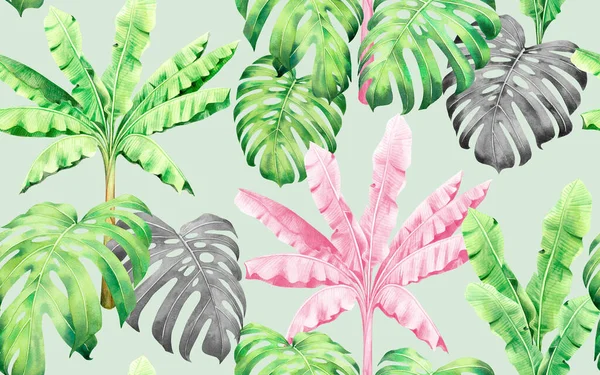Akvarell Målning Färgglada Träd Palm Blad Monstera Sömlös Mönster Bakgrund — Stockfoto