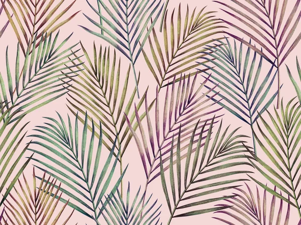 水彩画色彩艳丽的椰子树树叶无缝图案背景水彩画热带奇异叶色图案墙纸 夏威夷的纺织品芦荟丛林图案 — 图库照片