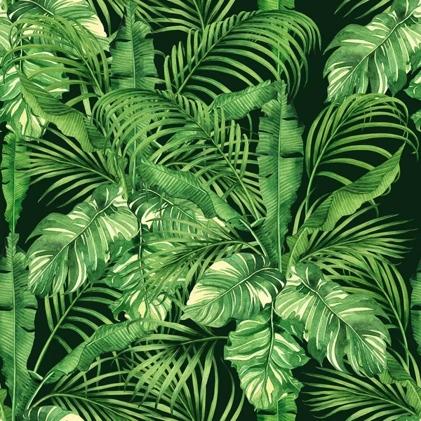 Aquarela Pintura Coco Banana Folha Palma Verde Deixar Fundo Padrão — Fotografia de Stock