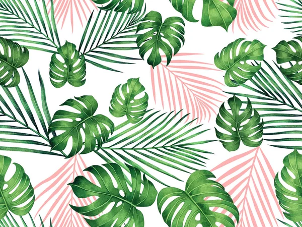 水彩画的蒙斯特拉 椰子叶在白色背景上无缝图案 水彩画的热带异国情调叶印用于壁纸 纺织品夏威夷芦荟丛林图案 — 图库照片