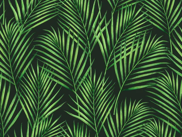 Watercolor Painting Coconut Palm Leaves Seamless Pattern Dark Background Watercolor — Stock Photo, Image