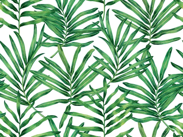 水彩画緑は白地にシームレスなパターンを残します 水彩画手描きイラスト壁紙のための熱帯のエキゾチックな葉のプリント テキスタイルハワイアロハジャングルパターン — ストック写真