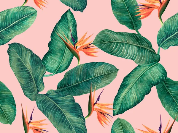 緑の葉のシームレスなパターンの背景を持つ楽園の水彩画の鳥 水彩手イラスト壁紙 テキスタイルのための熱帯エキゾチックな葉のプリントハワイアロハジャングルパターン — ストック写真