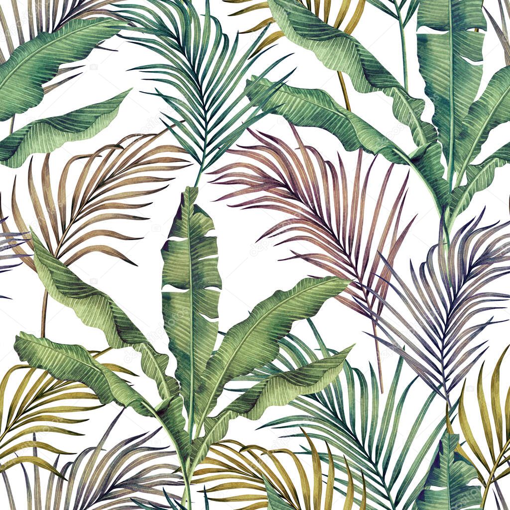 Watercolor painting colorful coconut,banana leaves seamless pattern background.Watercolor hand drawn illustration tropical exotic leaf prints for wallpaper,textile Hawaii aloha jungle pattern.