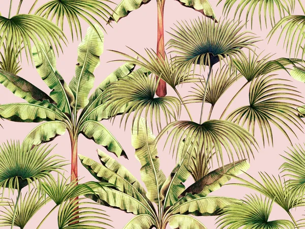 Aquarel Kleurrijke Palm Banaan Bladeren Naadloos Patroon Achtergrond Aquarel Schilderen — Stockfoto