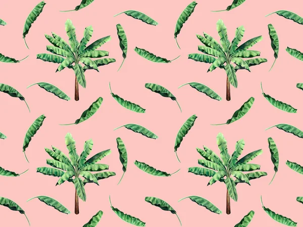 Watercolor Painting Tree Banana Leaves Seamless Pattern Pink Background Watercolor — Stock Photo, Image