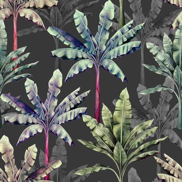 Watercolor Colorful Painting Tree Banana Leaves Seamless Pattern Dark Background — 스톡 사진