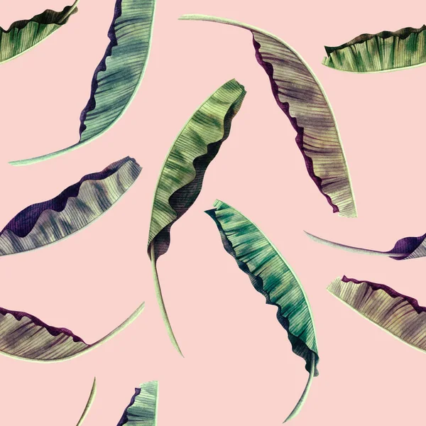 Aquarel Schilderen Kleurrijke Banaan Bladeren Naadloos Patroon Roze Achtergrond Aquarel — Stockfoto