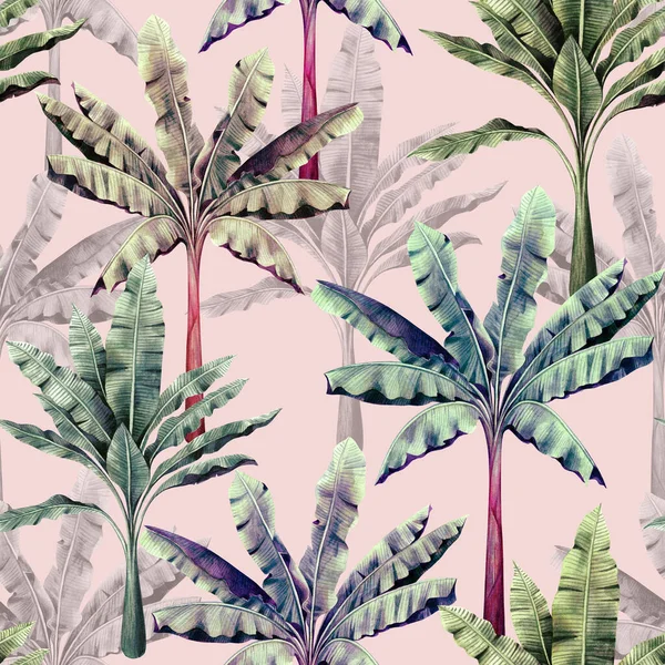 Watercolor Colorful Painting Tree Banana Leaves Seamless Pattern Pink Background — 스톡 사진