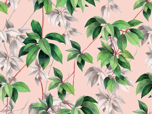 Watercolor Painting Ivy Green Leaves Seamless Pattern Pink Rose Background — 스톡 사진
