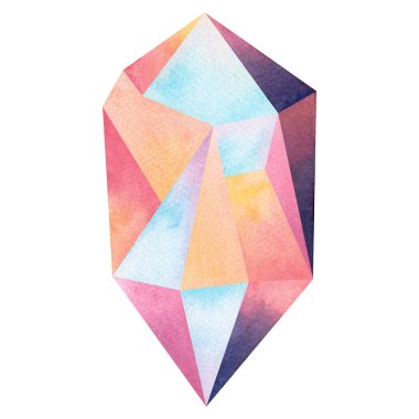 Suluboya renkli gökkuşağı renkleri kristal, safir, mineraller, kuvars, topaz, agat, yeşim taşı grafiği. Suluboya el, beyaz arkaplana mavi su aurası çizer.