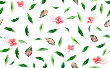 Sulu boya dökülen yaprak, dikişsiz yeşil yapraklar arka plan. Duvar kâğıdı için suluboya, tropikal yaprak baskıları, tekstil Hawaii aloha yaz tarzı..