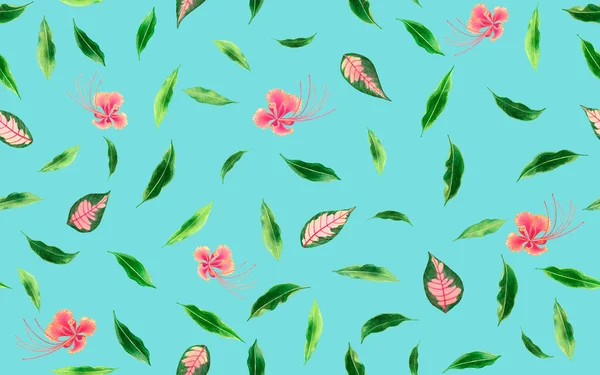 Watercolor Painting Fresh Falling Leaf Green Leaves Seamless Pattern Background — Stockfoto