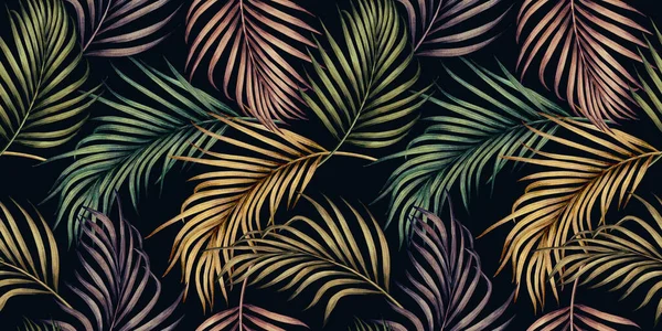 Watercolor Painting Colorful Tropical Green Pink Leaves Seamless Pattern Background — Stock Photo, Image