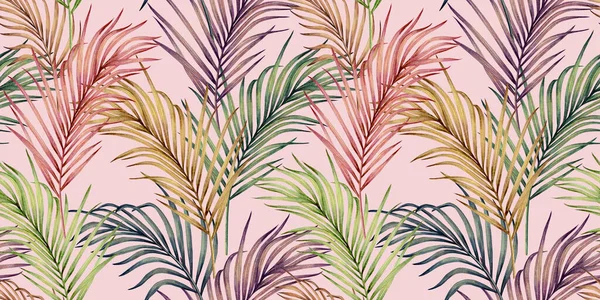 Pittura Acquerello Colorato Verde Tropicale Foglie Rosa Senza Soluzione Continuità — Foto Stock