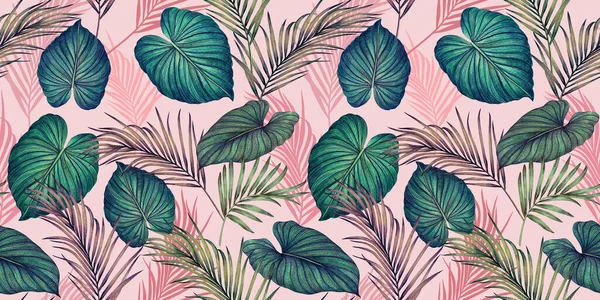 Watercolor Painting Colorful Tropical Green Pink Leaves Seamless Pattern Background — Stock Photo, Image