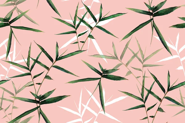 Watercolor painting bamboo green leaves seamless pattern background.Watercolor hand drawn illustration tropical exotic leaf prints for wallpaper,textile Hawaii aloha summer style.