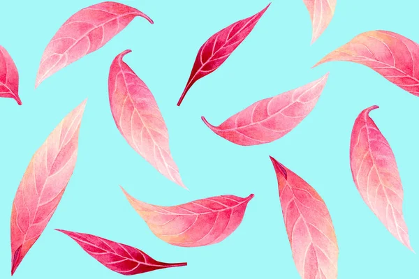 Watercolor painting fresh falling leaf,pink leaves seamless pattern background.Watercolor hand drawn illustration tropical exotic leaf prints for wallpaper,textile Hawaii aloha summer style pattern.