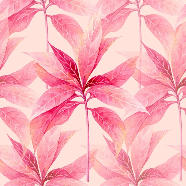 Watercolor painting colorful tropical leaf,pink leaves seamless pattern background.Watercolor hand drawn illustration tropical exotic leaf prints for wallpaper,textile Hawaii aloha summer style