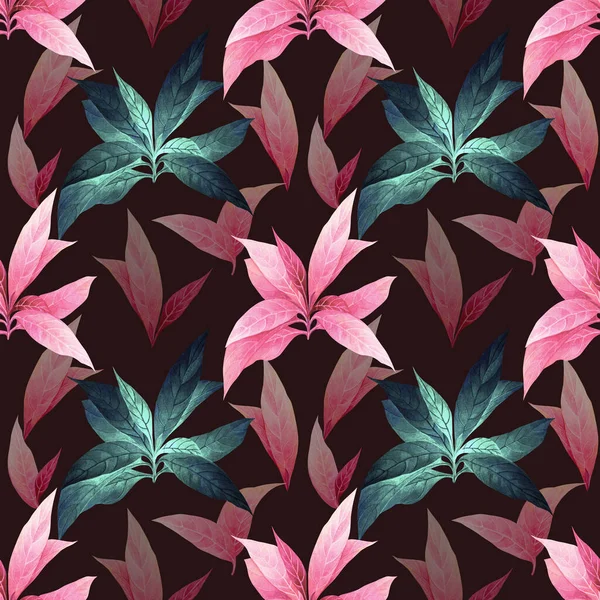 Watercolor Painting Colerful Tropical Leaf Pink Leave Seamless Pattern Background — стокове фото