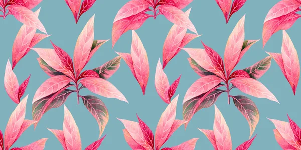 Watercolor painting colorful tropical leaf,pink leaves seamless pattern background.Watercolor hand drawn illustration tropical exotic leaf prints for wallpaper,textile Hawaii aloha summer style