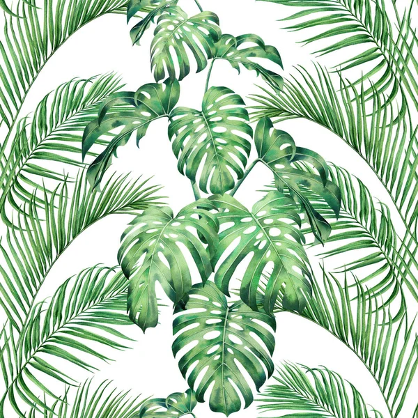 Watercolor painting monstera,palm leaves seamless pattern background.Watercolor hand drawn illustration tropical exotic leaf prints for wallpaper,textile Hawaii aloha jungle pattern.