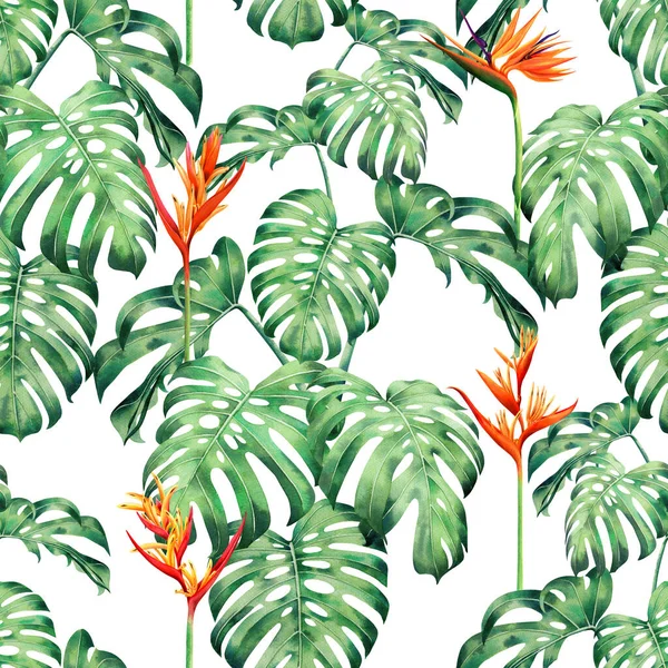 Watercolor painting monstera leaves seamless pattern with flower background.Watercolor hand drawn illustration tropical exotic leaf prints for wallpaper,textile Hawaii aloha jungle pattern.