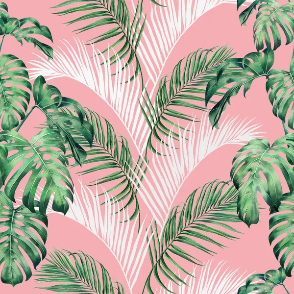 Watercolor painting monstera,palm leaves seamless pattern on pink background.Watercolor hand drawn illustration tropical exotic leaf prints for wallpaper,textile aloha jungle pattern.