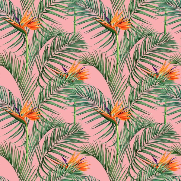 Watercolor Painting Palm Leaves Seamless Pattern Flowers Background Watercolor Hand — Stockfoto