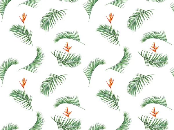 Watercolor Painting Palm Leaves Seamless Pattern Flowers Background Watercolor Hand — Fotografia de Stock