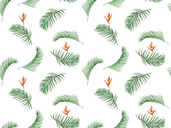 Watercolor painting palm leaves seamless pattern with flowers background.Watercolor hand drawn illustration tropical exotic leaf prints for wallpaper,textile Hawaii aloha jungle pattern.