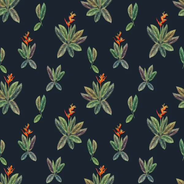 緑の葉のシームレスなパターンの背景を持つ楽園の水彩画の鳥 水彩手イラスト壁紙 テキスタイルのための熱帯エキゾチックな葉のプリントハワイアロハジャングルパターン — ストック写真