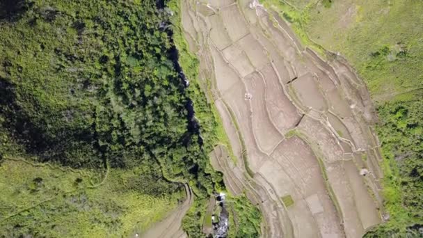 Top View Van Weelderige Bergen Rijstterrassen Banaue Ifugao Filippijnen Een — Stockvideo
