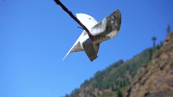 Snurrande Papper Pinwheel Mot Blå Himmel Solig Dag Närbild Skjuten — Stockvideo