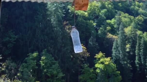 家の外の屋根に吊るされたペットボトル 撃たれた 高品質のフルHd映像 — ストック動画