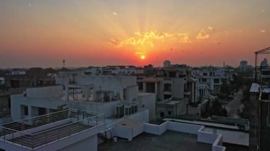 Bright Orange Sunset Over The Jaipur City In Rajasthan, India. - aerial. High quality FullHD footage