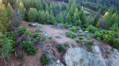 Hiker Standing Near The Edge Of Mountain With Scenic View Of Forest In California, USA. - aerial pullback. High quality 4k footage
