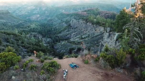 Aerial View Motorcycle Camping Equipment Mountain Scenic View Sunrise Ascend — Video Stock