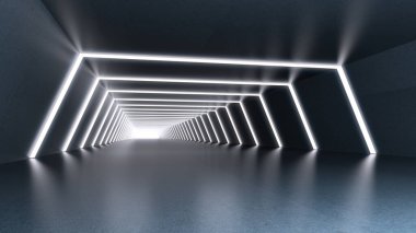 Fütüristik tünel, Araba Boş Karanlık Arkaplan, Beyaz Işık Işıltısı, 3D görüntüleme.