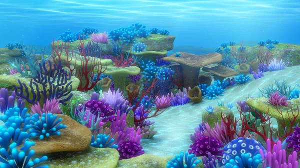 Su altı manzarası, denizin altındaki renkli mercan resifi, 3D görüntüleme..