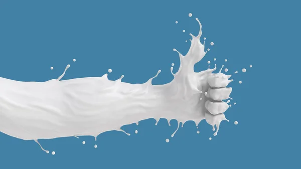 以有力的大拇指概念 3D渲染 剪切路径等形式喷出的牛奶 — 图库照片