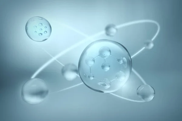 Molecule inside liquid bubble on water background cosmetic essence cosmetic, 3d rendering
