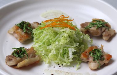 Dakgalbi tuzlu ızgara, biber ve Napa lahana salatası. Kore tavuk yemeği..