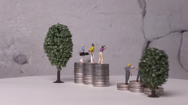 ビジネスの概念を持つコインのミニチュアと山 高所得者層と低所得者層の格差の概念 — ストック動画