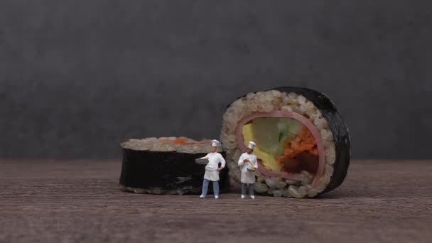 Ham Vegetable Gimbap Made Brown Rice Two Miniature Chefs Miniature — Stock Video