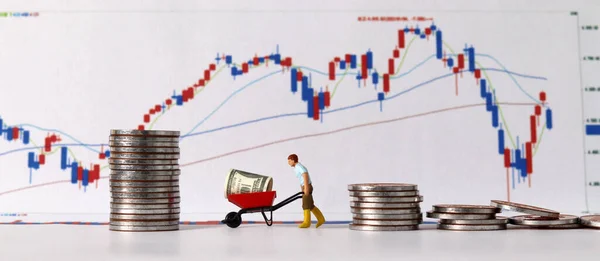 Pile Coins Miniature People Graphs Concept Overheated Stock Investment — Stockfoto