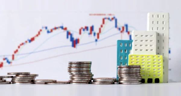 Concept Money Management Business Concept Miniature Buildings Coins Graph — Stockfoto