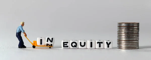 Miniature Man Carrying White Cube Cart Concept Inequity Equity — Foto de Stock